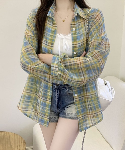 SallyLunn(サリーラン)の「アメリカンチェックシャツ(シャツ/ブラウス・レディース・ブルー/ネイビー/ピンク/ブラック/ベージュ/グリーン・FREE)」の3枚目の写真