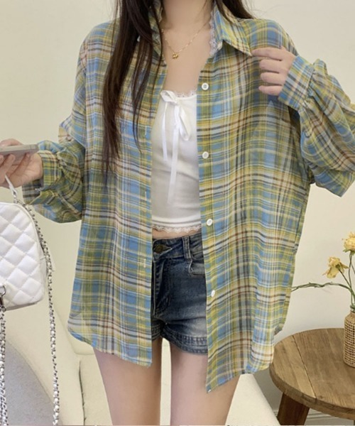 SallyLunn(サリーラン)の「アメリカンチェックシャツ(シャツ/ブラウス・レディース・ブルー/ネイビー/ピンク/ブラック/ベージュ/グリーン・FREE)」の14枚目の写真