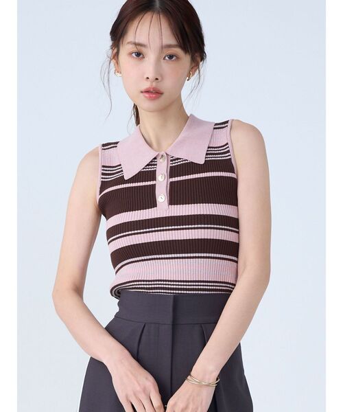 LAGUNAMOON（ラグナムーン）の「シャツカラーノースリニットプルオーバー 【夏服】（ニット/セーター・レディース・ネイビー/グレー/レッド/ピンク・FREE）」の5枚目の写真