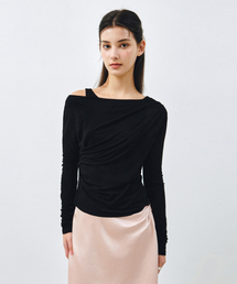 [SET] ワンショルダードレーピングレイヤードTシャツ ブラック MDTS088BLACK