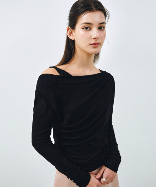 MONGDOL（モンドル）の「[SET] ワンショルダードレーピングレイヤードTシャツ ブラック MDTS088BLACK（Tシャツ/カットソー・レディース・その他・F）」の4枚目の写真