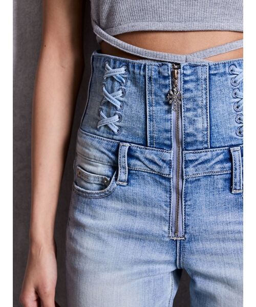 GYDA（ジェイダ）の「ハイウエストsacred edge crossフロントZIPレースアップスキニーデニムパンツ（デニムパンツ・レディース・ブルー/ライトブルー/ブラック・MEDIUM/SMALL/X-SMALL）」の4枚目の写真