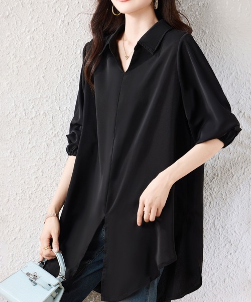 2ly2(トゥーリートゥー)の「ゆったりシルエット ロングシャツブラウス(シャツ/ブラウス・レディース・ブラック・FREE)」の1枚目の写真