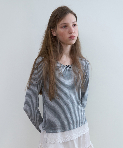NOCONTENT(ノーコンテント)の「315. ストライプレースシャーリングTシャツ _ メランジグレー(Tシャツ/カットソー・レディース・その他・FREE)」の1枚目の写真