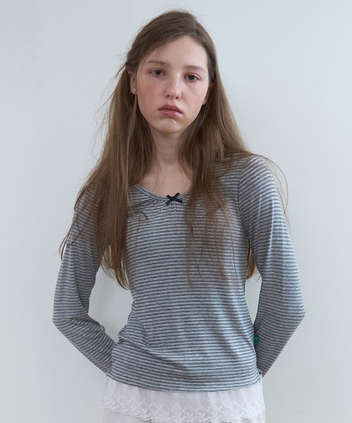 NOCONTENT(ノーコンテント)の「315. ストライプレースシャーリングTシャツ _ メランジグレー(Tシャツ/カットソー・レディース・その他・FREE)」の2枚目の写真