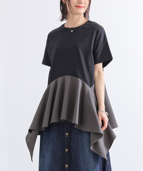 n'OrLABEL（ノアールレーベル）の「【接触冷感】異素材ヘムラインカットソー（Tシャツ/カットソー・レディース・ブラック/ブルー・1/2）」の2枚目の写真