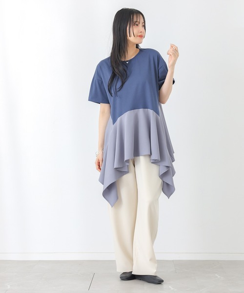 n'OrLABEL（ノアールレーベル）の「【接触冷感】異素材ヘムラインカットソー（Tシャツ/カットソー・レディース・ブラック/ブルー・1/2）」の6枚目の写真