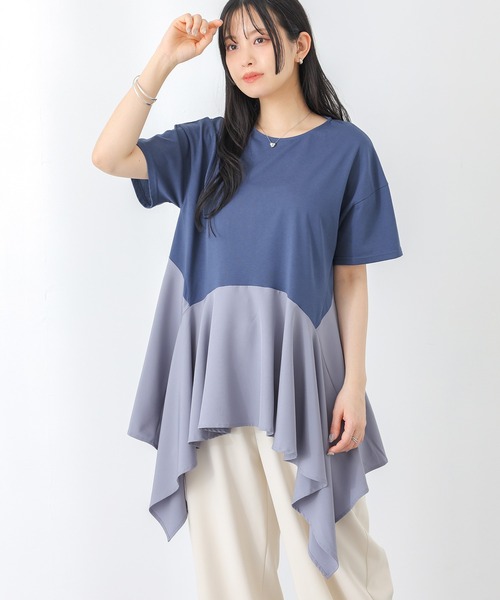 n'OrLABEL（ノアールレーベル）の「【接触冷感】異素材ヘムラインカットソー（Tシャツ/カットソー・レディース・ブラック/ブルー・1/2）」の8枚目の写真
