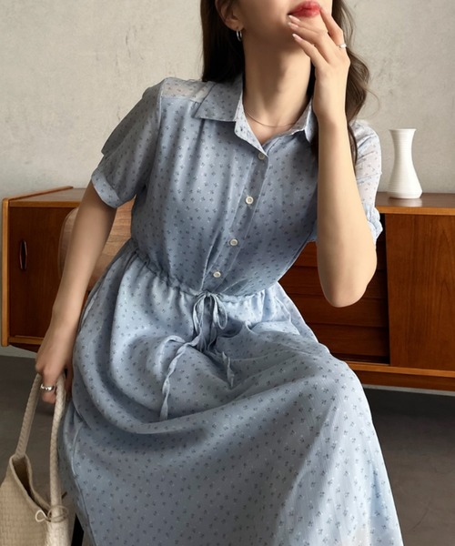 Eclat one（エクラワン）の「【Eclat one】小花柄 ウエストマーク シャツワンピース（シャツワンピース・レディース・ブルー/アイボリー/ブラック・FREE）」の7枚目の写真