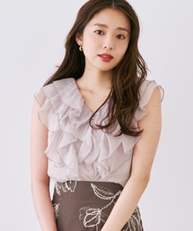 2026春夏新作 パウダーシフォンラッフルバックリボンブラウス