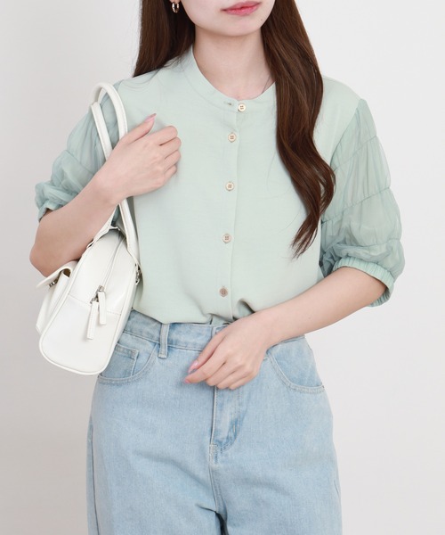 Anna Nicola(アンナニコラ)の「Anna Nicola シャーリングスリーブブラウス(シャツ/ブラウス・レディース・ブラック/ベージュ/ライトグリーン・38)」の3枚目の写真