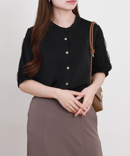 Anna Nicola(アンナニコラ)の「Anna Nicola シャーリングスリーブブラウス(シャツ/ブラウス・レディース・ブラック/ベージュ/ライトグリーン・38)」の8枚目の写真