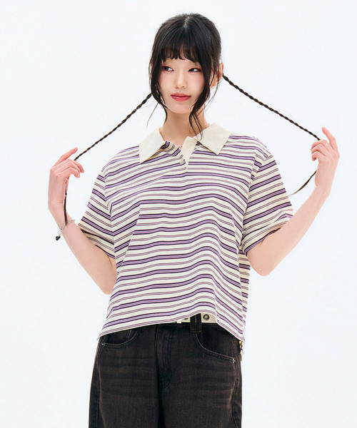 CHASECULT(チェイスカルト)の「レディースストライプカラー半袖Tシャツ-FBRG5791D0A(ポロシャツ・レディース・アイボリー・85/90)」の1枚目の写真