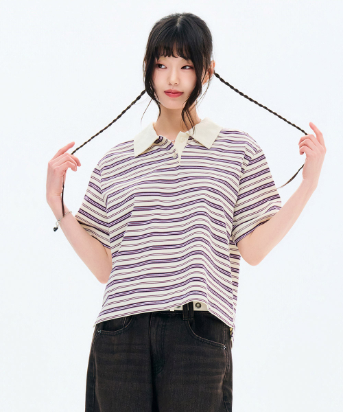 CHASECULT(チェイスカルト)の「レディースストライプカラー半袖Tシャツ-FBRG5791D0A(ポロシャツ・レディース・アイボリー・85/90)」の2枚目の写真