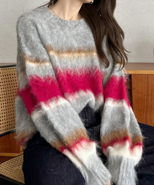 Eclat one(エクラワン)の「【Eclat one】モヘアタッチ マルチ ボーダー ニット(ニット/セーター・レディース・ブラウン/グレー/ベージュ・FREE)」の2枚目の写真