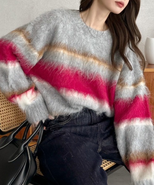 Eclat one(エクラワン)の「【Eclat one】モヘアタッチ マルチ ボーダー ニット(ニット/セーター・レディース・ブラウン/グレー/ベージュ・FREE)」の5枚目の写真