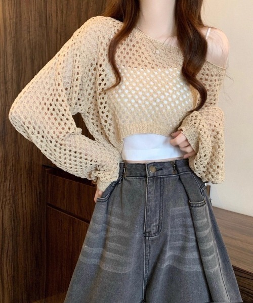 Beststore（ベストストア）の「透かし編み クロップド ニット トップス メッシュ セーター シアー 長袖 レディース（ニット/セーター・レディース・ホワイト/アイボリー/イエロー/ブラック/ベージュ・FREE）」の5枚目の写真