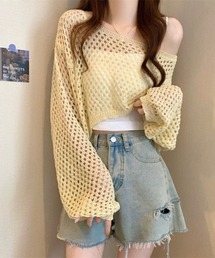 Beststore | 透かし編み クロップド ニット トップス メッシュ セーター シアー 長袖 レディース(ニット/セーター)