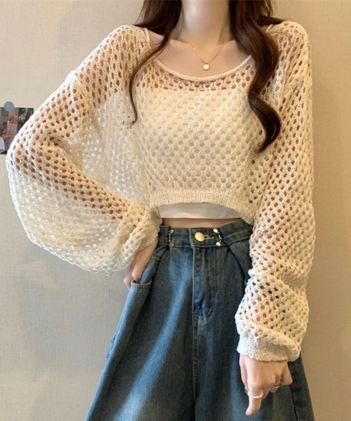 Beststore（ベストストア）の「透かし編み クロップド ニット トップス メッシュ セーター シアー 長袖 レディース（ニット/セーター・レディース・ホワイト/アイボリー/イエロー/ブラック/ベージュ・FREE）」の3枚目の写真
