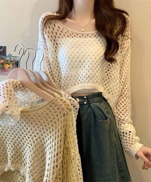 Beststore（ベストストア）の「透かし編み クロップド ニット トップス メッシュ セーター シアー 長袖 レディース（ニット/セーター・レディース・ホワイト/アイボリー/イエロー/ブラック/ベージュ・FREE）」の6枚目の写真