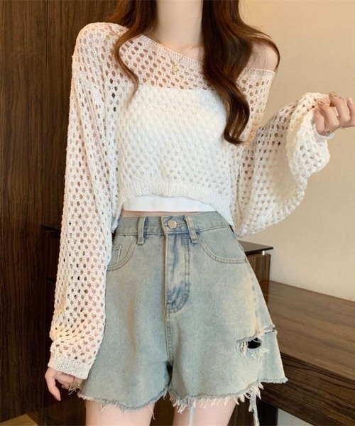Beststore（ベストストア）の「透かし編み クロップド ニット トップス メッシュ セーター シアー 長袖 レディース（ニット/セーター・レディース・ホワイト/アイボリー/イエロー/ブラック/ベージュ・FREE）」の7枚目の写真