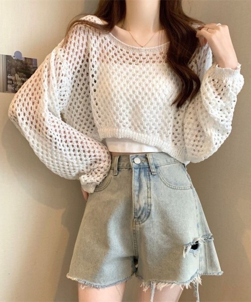 Beststore（ベストストア）の「透かし編み クロップド ニット トップス メッシュ セーター シアー 長袖 レディース（ニット/セーター・レディース・ホワイト/アイボリー/イエロー/ブラック/ベージュ・FREE）」の8枚目の写真