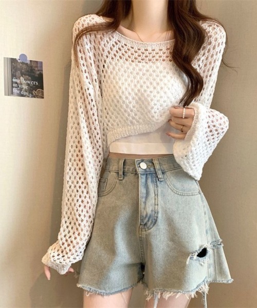 Beststore（ベストストア）の「透かし編み クロップド ニット トップス メッシュ セーター シアー 長袖 レディース（ニット/セーター・レディース・ホワイト/アイボリー/イエロー/ブラック/ベージュ・FREE）」の10枚目の写真