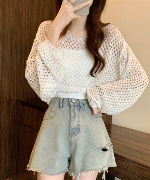 Beststore（ベストストア）の「透かし編み クロップド ニット トップス メッシュ セーター シアー 長袖 レディース（ニット/セーター・レディース・ホワイト/アイボリー/イエロー/ブラック/ベージュ・FREE）」の11枚目の写真