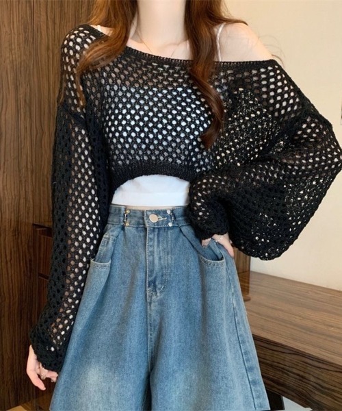 Beststore（ベストストア）の「透かし編み クロップド ニット トップス メッシュ セーター シアー 長袖 レディース（ニット/セーター・レディース・ホワイト/アイボリー/イエロー/ブラック/ベージュ・FREE）」の14枚目の写真