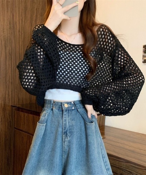 Beststore（ベストストア）の「透かし編み クロップド ニット トップス メッシュ セーター シアー 長袖 レディース（ニット/セーター・レディース・ホワイト/アイボリー/イエロー/ブラック/ベージュ・FREE）」の15枚目の写真