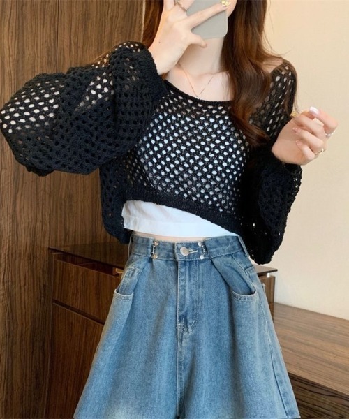 Beststore（ベストストア）の「透かし編み クロップド ニット トップス メッシュ セーター シアー 長袖 レディース（ニット/セーター・レディース・ホワイト/アイボリー/イエロー/ブラック/ベージュ・FREE）」の16枚目の写真