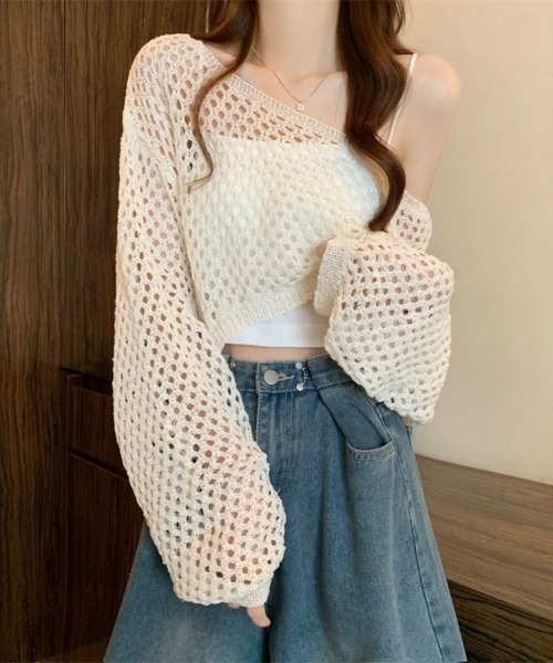 Beststore（ベストストア）の「透かし編み クロップド ニット トップス メッシュ セーター シアー 長袖 レディース（ニット/セーター・レディース・ホワイト/アイボリー/イエロー/ブラック/ベージュ・FREE）」の17枚目の写真
