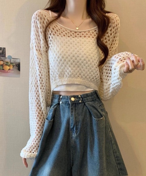 Beststore（ベストストア）の「透かし編み クロップド ニット トップス メッシュ セーター シアー 長袖 レディース（ニット/セーター・レディース・ホワイト/アイボリー/イエロー/ブラック/ベージュ・FREE）」の18枚目の写真