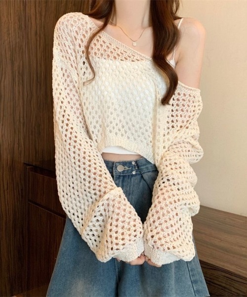 Beststore（ベストストア）の「透かし編み クロップド ニット トップス メッシュ セーター シアー 長袖 レディース（ニット/セーター・レディース・ホワイト/アイボリー/イエロー/ブラック/ベージュ・FREE）」の19枚目の写真