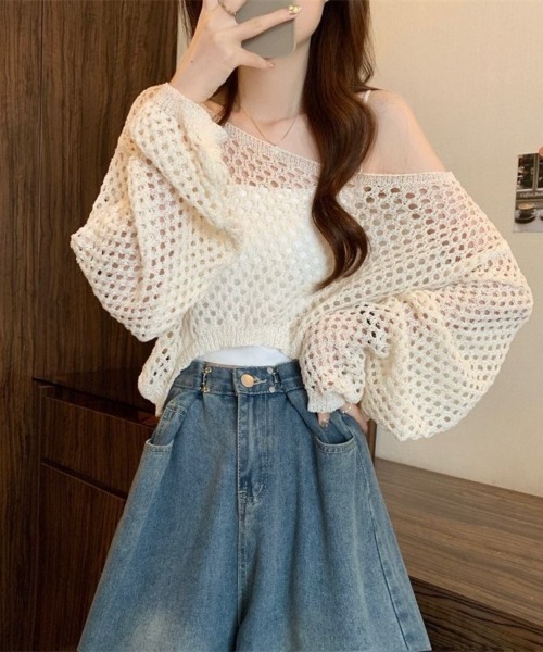 Beststore（ベストストア）の「透かし編み クロップド ニット トップス メッシュ セーター シアー 長袖 レディース（ニット/セーター・レディース・ホワイト/アイボリー/イエロー/ブラック/ベージュ・FREE）」の20枚目の写真