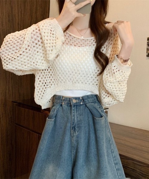 Beststore（ベストストア）の「透かし編み クロップド ニット トップス メッシュ セーター シアー 長袖 レディース（ニット/セーター・レディース・ホワイト/アイボリー/イエロー/ブラック/ベージュ・FREE）」の21枚目の写真