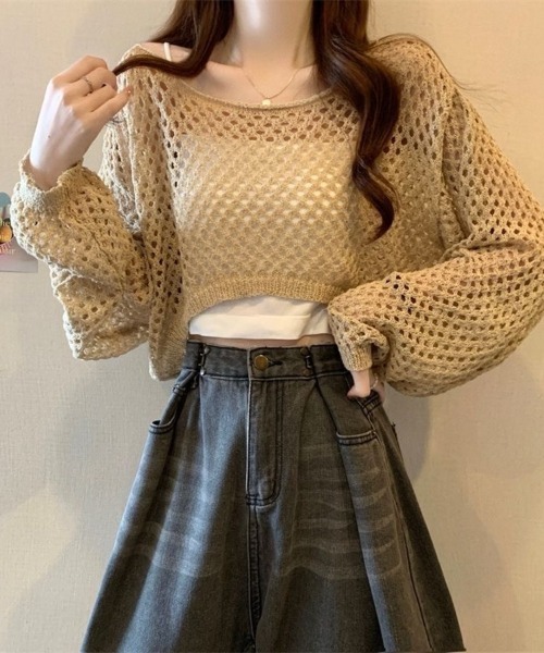 Beststore（ベストストア）の「透かし編み クロップド ニット トップス メッシュ セーター シアー 長袖 レディース（ニット/セーター・レディース・ホワイト/アイボリー/イエロー/ブラック/ベージュ・FREE）」の22枚目の写真