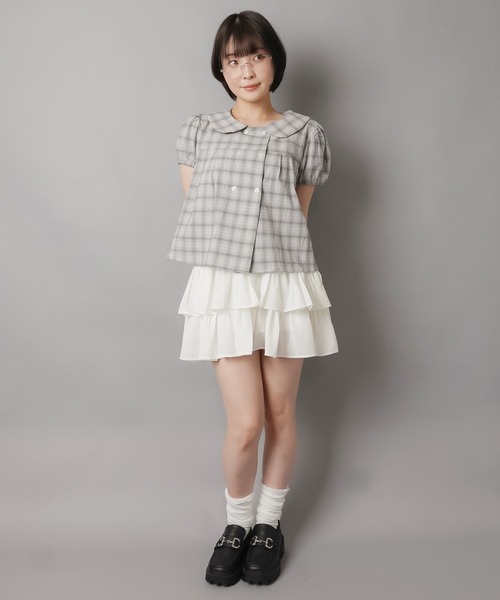 SPINNS(スピンズ)の「チェック柄パフスリーブブラウス/ダブルボタン2/韓国ガーリー(シャツ/ブラウス・レディース・ベージュ/ネイビー/サックスブルー・ONESIZE)」の12枚目の写真