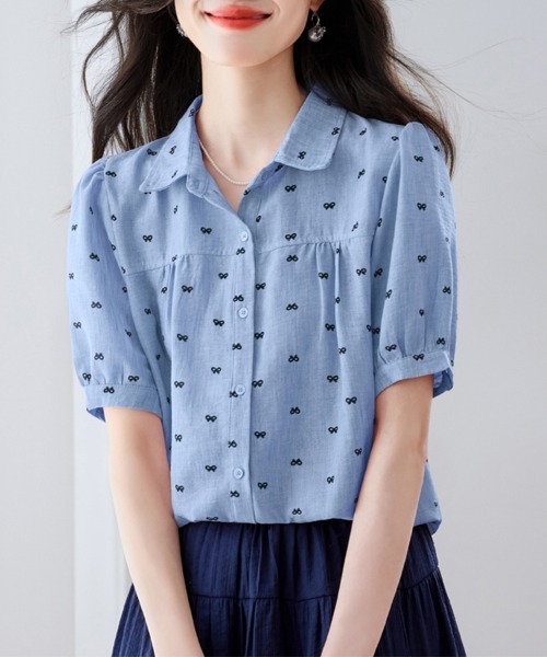 ONEP STAR(ワンピスター)の「リボン柄襟付きパフスリーブブラウス(シャツ/ブラウス・レディース・ピンク/ブルー・MEDIUM/LARGE/X-LARGE)」の2枚目の写真