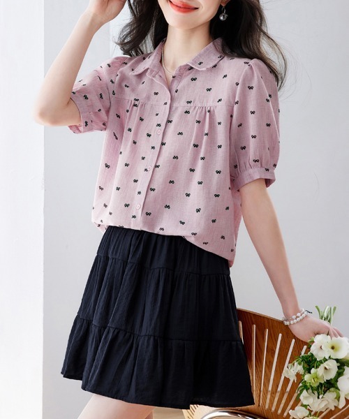 ONEP STAR(ワンピスター)の「リボン柄襟付きパフスリーブブラウス(シャツ/ブラウス・レディース・ピンク/ブルー・MEDIUM/LARGE/X-LARGE)」の16枚目の写真