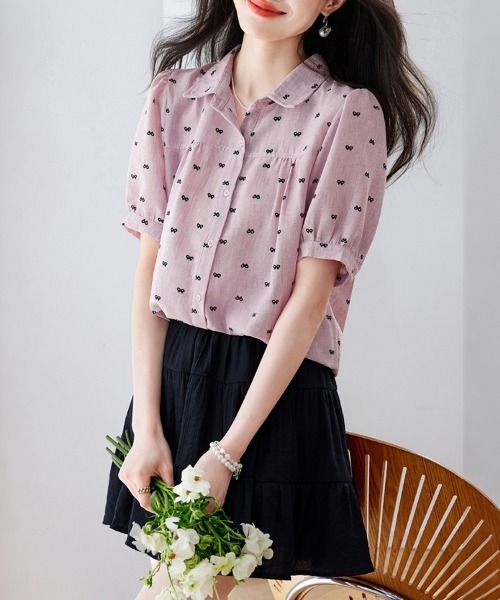 ONEP STAR(ワンピスター)の「リボン柄襟付きパフスリーブブラウス(シャツ/ブラウス・レディース・ピンク/ブルー・MEDIUM/LARGE/X-LARGE)」の8枚目の写真