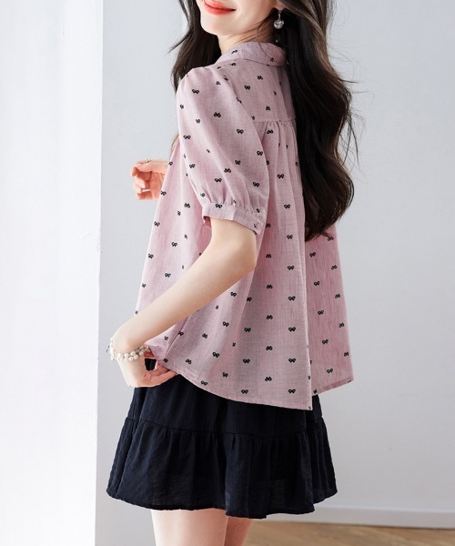 ONEP STAR(ワンピスター)の「リボン柄襟付きパフスリーブブラウス(シャツ/ブラウス・レディース・ピンク/ブルー・MEDIUM/LARGE/X-LARGE)」の9枚目の写真