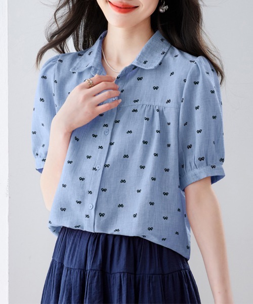 ONEP STAR(ワンピスター)の「リボン柄襟付きパフスリーブブラウス(シャツ/ブラウス・レディース・ピンク/ブルー・MEDIUM/LARGE/X-LARGE)」の11枚目の写真