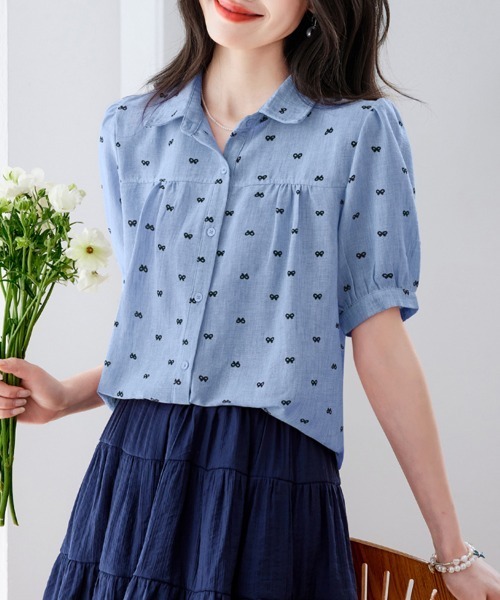 ONEP STAR(ワンピスター)の「リボン柄襟付きパフスリーブブラウス(シャツ/ブラウス・レディース・ピンク/ブルー・MEDIUM/LARGE/X-LARGE)」の12枚目の写真