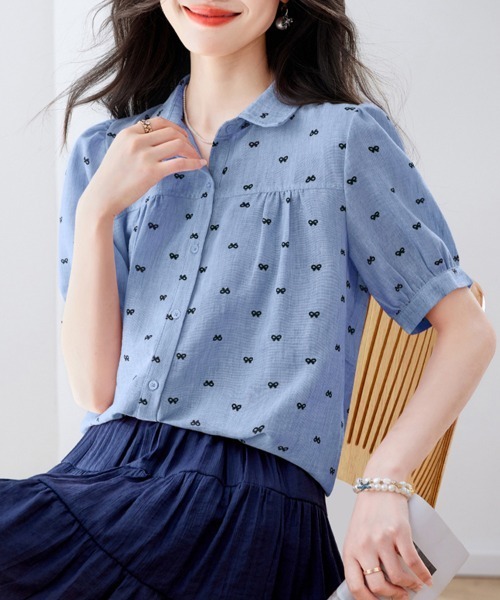 ONEP STAR(ワンピスター)の「リボン柄襟付きパフスリーブブラウス(シャツ/ブラウス・レディース・ピンク/ブルー・MEDIUM/LARGE/X-LARGE)」の13枚目の写真