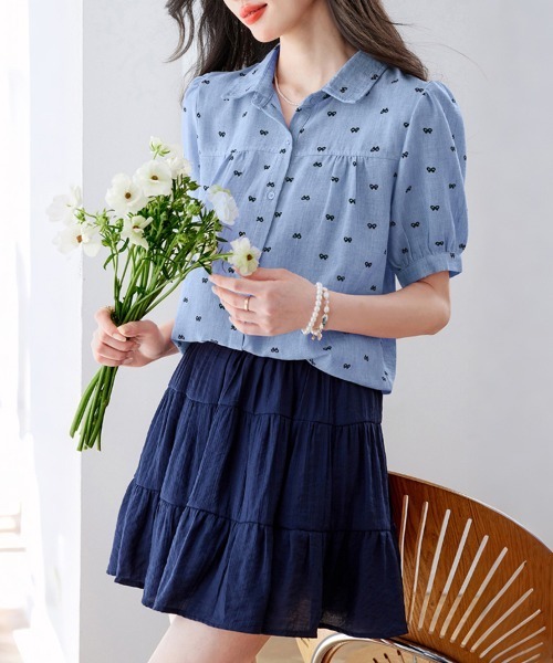 ONEP STAR(ワンピスター)の「リボン柄襟付きパフスリーブブラウス(シャツ/ブラウス・レディース・ピンク/ブルー・MEDIUM/LARGE/X-LARGE)」の3枚目の写真