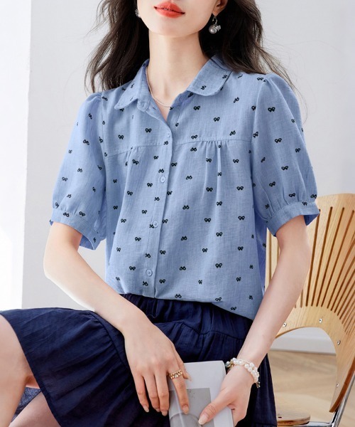 ONEP STAR(ワンピスター)の「リボン柄襟付きパフスリーブブラウス(シャツ/ブラウス・レディース・ピンク/ブルー・MEDIUM/LARGE/X-LARGE)」の4枚目の写真