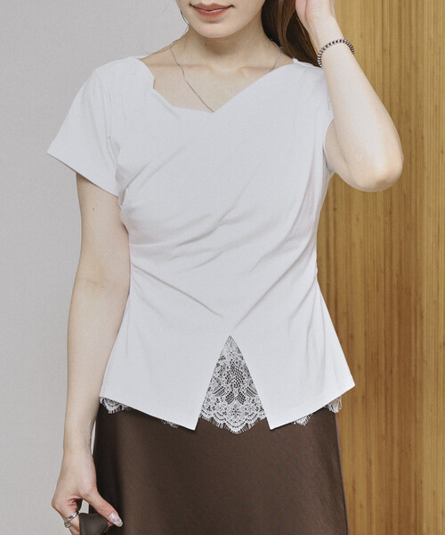 Firsthand(ファーストハンド)の「Firsthand/ファーストハンド レースドッキング ドレープネック トップス 【限定展開】(Tシャツ/カットソー・レディース・オフホワイト/ブラック/ホワイト・FREE)」の12枚目の写真