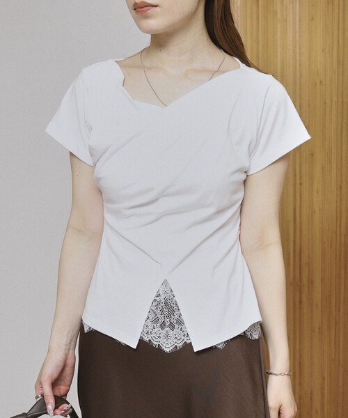 Firsthand(ファーストハンド)の「Firsthand/ファーストハンド レースドッキング ドレープネック トップス 【限定展開】(Tシャツ/カットソー・レディース・オフホワイト/ブラック/ホワイト・FREE)」の13枚目の写真