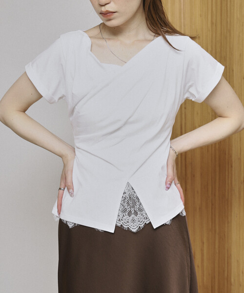 Firsthand(ファーストハンド)の「Firsthand/ファーストハンド レースドッキング ドレープネック トップス 【限定展開】(Tシャツ/カットソー・レディース・オフホワイト/ブラック/ホワイト・FREE)」の14枚目の写真